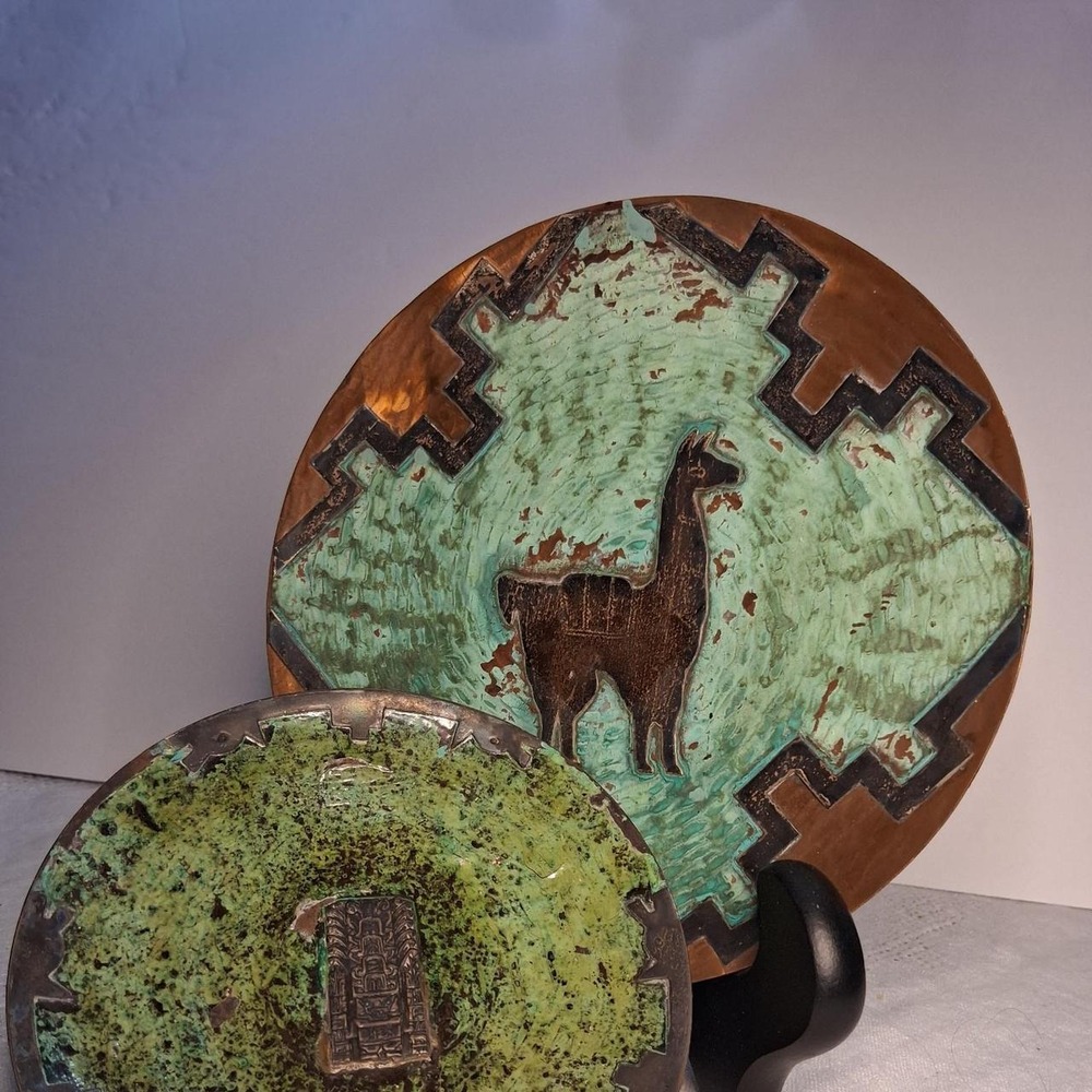 Vintage Peruvian Copper Brass Wall Art Plates Llama Incan Verdigris Set of 2